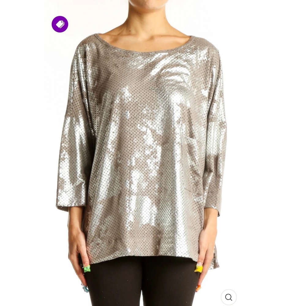 Alembika Silver Metallic Perforated Oversized Top 3/4 Sleeve XL Made in Israel